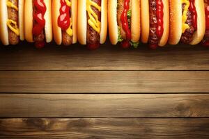Variety of hot dogs on a wooden surface photo