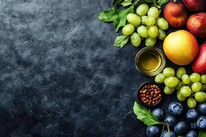 Fresh fruits and vegetables arranged on dark surface photo