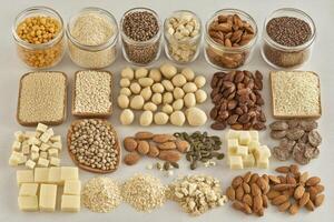 Various whole food ingredients arranged in glass jars and small bowls photo