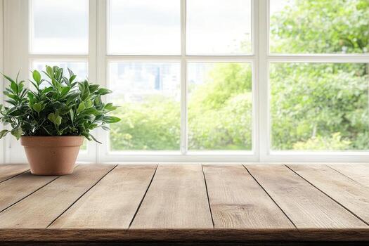 Wooden windowsill with greenery photo