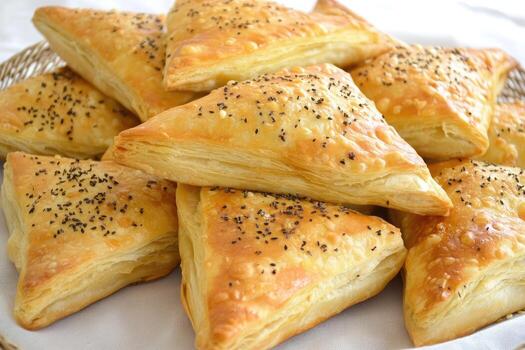 Golden triangular pastries, sprinkled with seeds photo