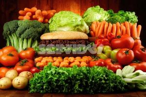 Vegetarian burger surrounded by fresh produce photo