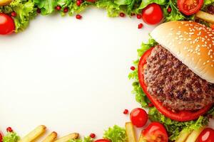 Freshly made burger surrounded by healthy sides photo