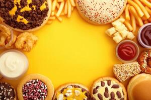 Fast food feast, a colorful array of unhealthy treats photo
