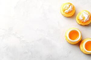 Sweet pastries on a light background. Small, golden-yellow pastries, dusted with sugar, arranged in a scattered pattern, with small cups of liquid beside them photo