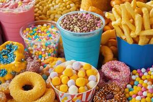 Pile of sugary snacks and drinks photo