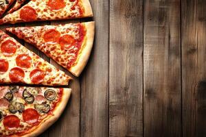 Sliced pizza varieties on rustic wood photo