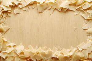 Light-colored, shredded confectionery pieces frame a light-brown wooden surface photo