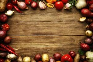 Fresh, colorful vegetables arranged in a frame on a rustic wooden surface photo