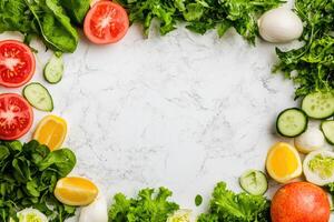 Fresh vibrant vegetables and fruits arranged in a circle border on a light marble surface photo