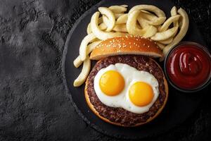 Delicious double fried egg burger with fries photo