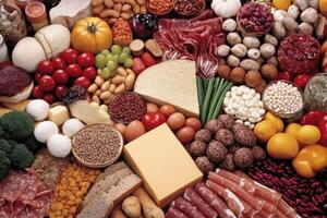 A variety of different foods including meat, cheese, vegetables and nuts photo