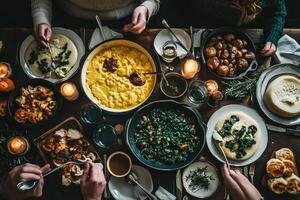 A large family gathering around a shared Thanksgiving feast photo