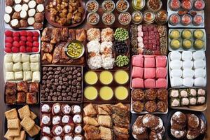 Exquisite array of sweet treats in various shapes and colors, presented in a grid pattern photo