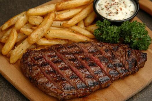Sliced steak with crispy fries and creamy sauce photo