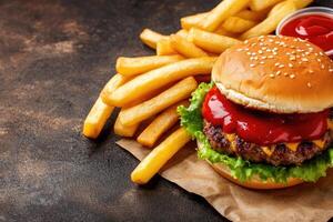 Hamburger and french fries on a paper photo