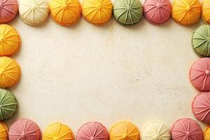 Colorful, round, decorative cookies in a border photo