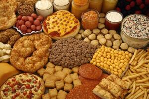 A variety of foods including pizza, chips, and other snacks photo