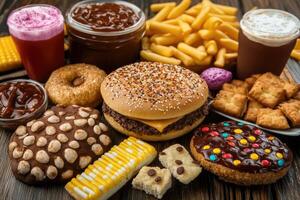 High-calorie, processed foods spread on a wooden surface photo