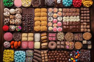 Assorted colorful sweets and chocolates in wooden boxes photo