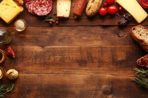 A variety of cured meats and cheeses arranged on a wooden board photo