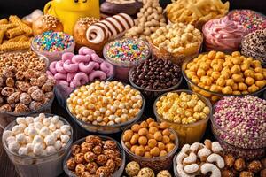 Assortment of colorful snacks in small glass bowls photo