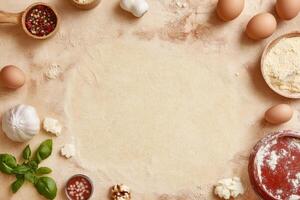 Pizza ingredients arranged on a light beige surface photo