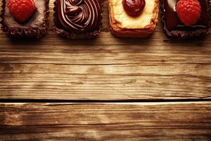 Delectable desserts lined up on a rustic wooden surface photo