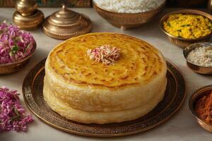 Golden layered dish, topped with delicate garnish photo
