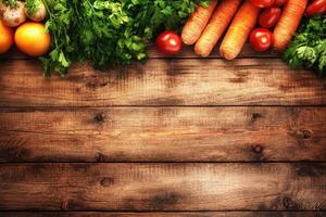 Fresh, vibrant vegetables arranged on a rustic wooden surface photo