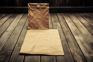 Aged kraft paper envelopes and sheet on weathered wood photo