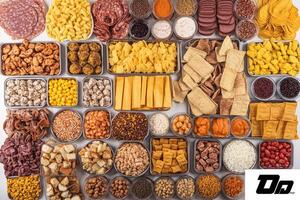 Assorted snack foods in small containers photo