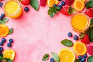 Fresh fruit and juice border on pink photo