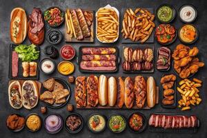 A variety of hot dogs, sausages, fries, and other grilled meats and sides, arranged in a large format, perfect for a party or buffet photo