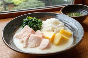Creamy white curry with chicken, rice, and vegetables photo