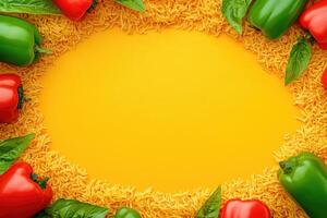 Colorful food frame on yellow background photo