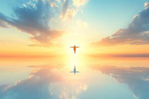 Peaceful figure soars above a mirrored lake at sunrise photo