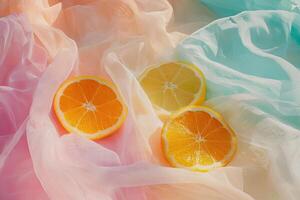 Vibrant citrus slices on pastel fabric photo
