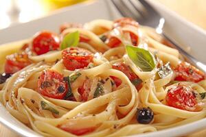 Delicious pasta dish with cherry tomatoes, basil, and olives photo