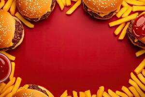 Delicious burgers and fries frame a vibrant red background photo