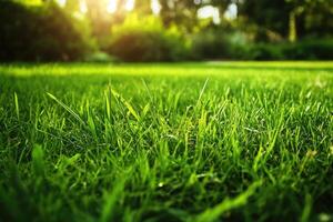 Lush green grass field in sunlight photo