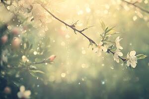 Blossoming spring tree branch, illuminated by sunlight, with water droplets photo