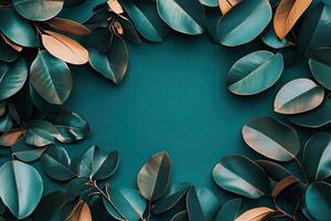 Teal backdrop framed by leaves photo