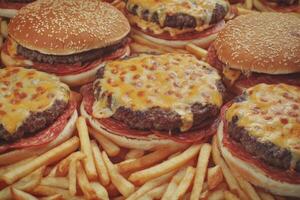 Many juicy burgers topped with melted cheese and pepperoni, served with crispy fries photo