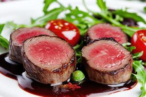 Sliced venison medallions with vibrant sauce and fresh greens photo