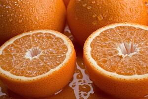 Close-up of fresh oranges, wet and juicy photo