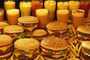 Various burgers and drinks displayed photo