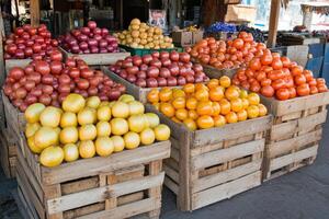 Fresh produce in wooden crates photo
