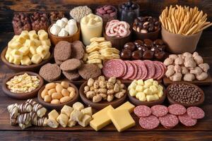 Assorted gourmet snacks and cheeses photo