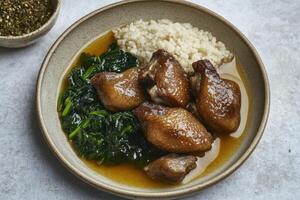Chicken and rice with spinach in a bowl photo